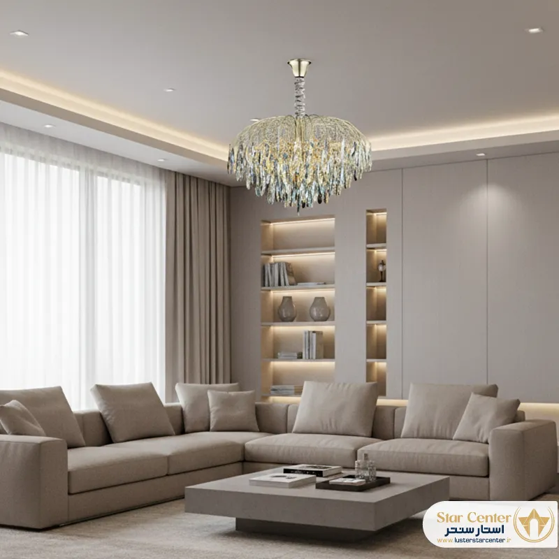 دکوراسیون پذیرایی لوکس با لوستر شیک و خاص مدل لوکسون