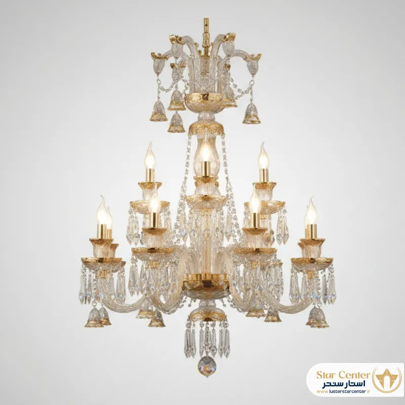 نمای نزدیک کریستال طلاکاری شده لوستر نئوکلاسیک باکارات