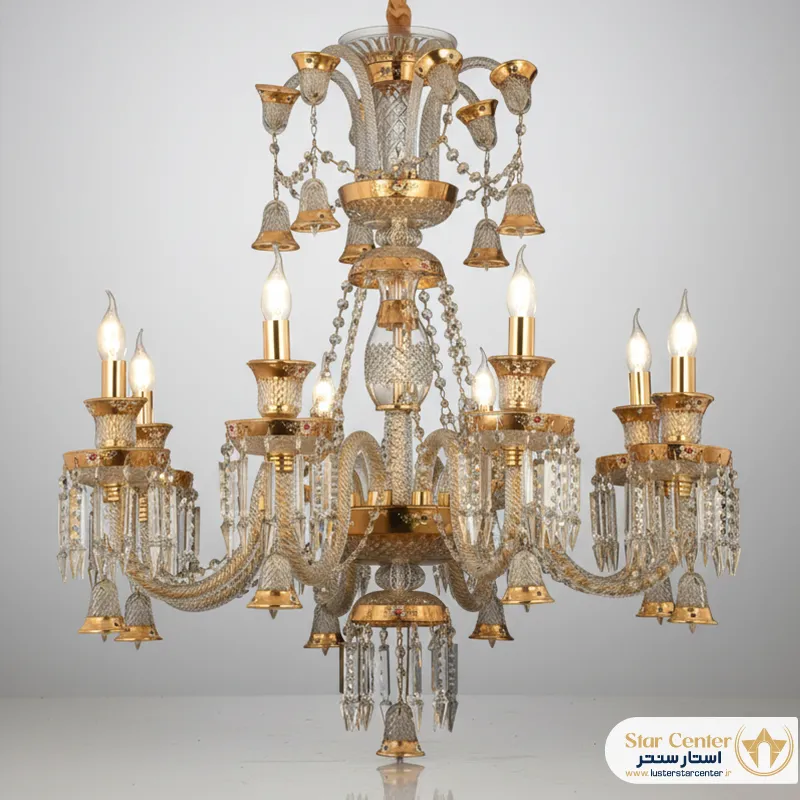 لوستر نئوکلاسیک ۸ شاخه مدل باکارات با ورق طلا