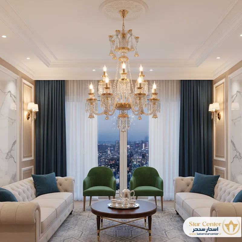 لوستر ۱۵ شاخه باشکوه نئوکلاسیک باکارات برای سالن پذیرایی