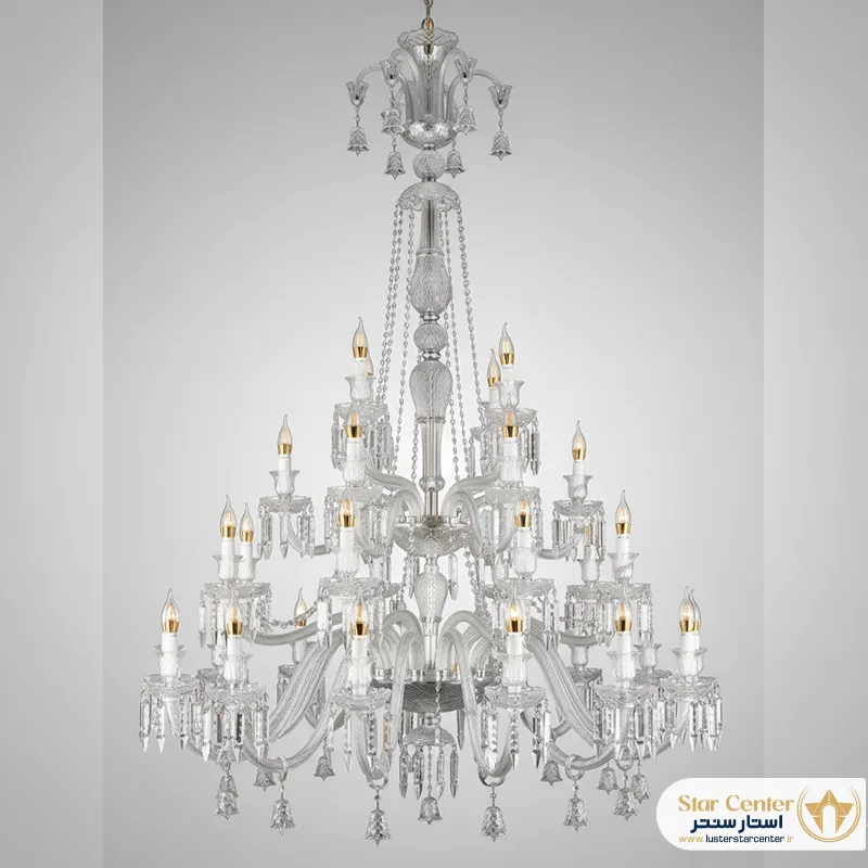 لوستر باکارات سفید ۲۴ شاخه سه طبقه کریستالی