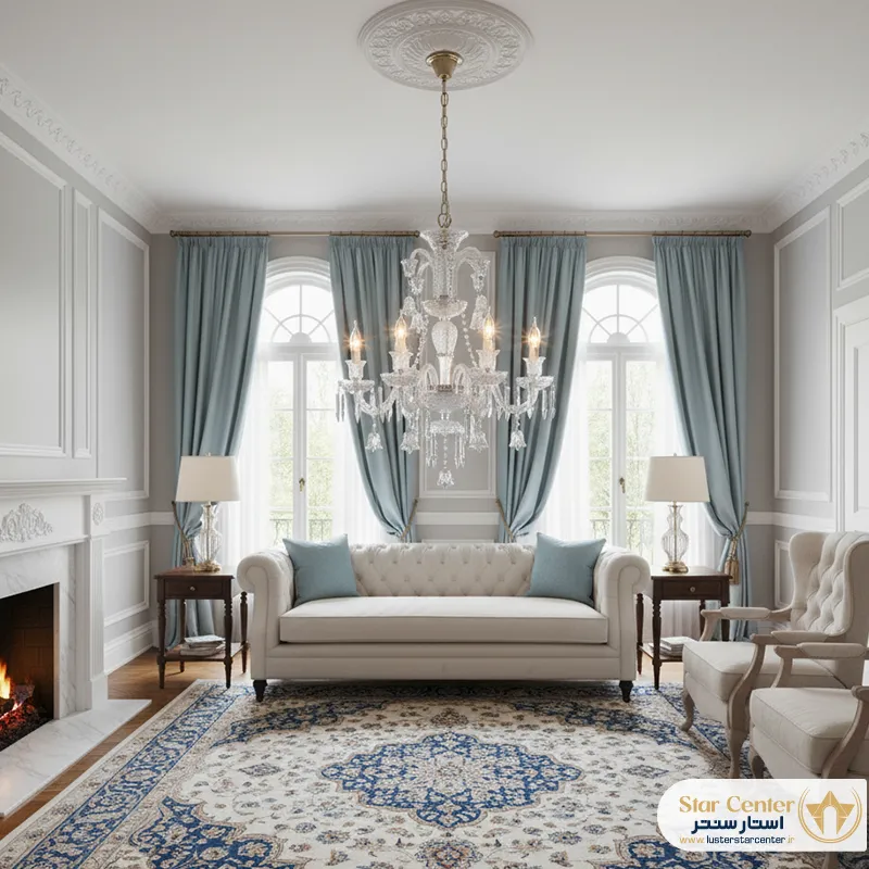 دکوراسیون تالار مجلل با لوستر کلاسیک فرانسوی و باشکوه باکارات