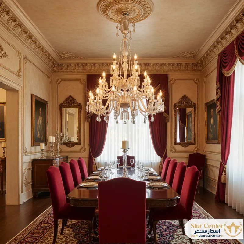 دکوراسیون پذیرایی مجلل با لوستر باکارات عسلی و دیوارکوب هماهنگ