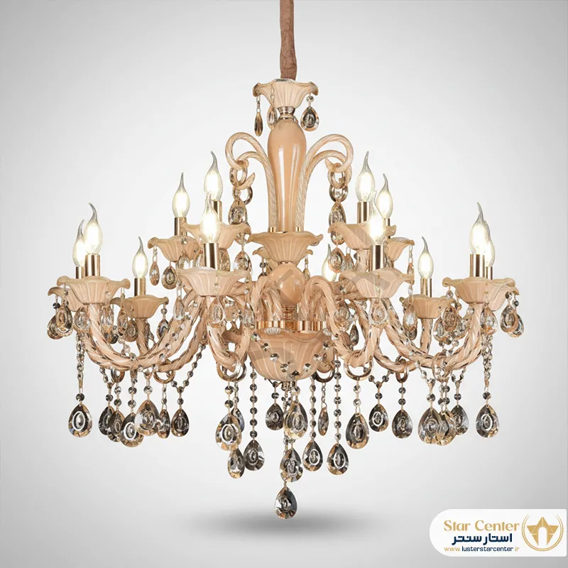 لوستر کلاسیک ۱۵ شاخه مدل الینا رویال با رنگ کرم عسلی