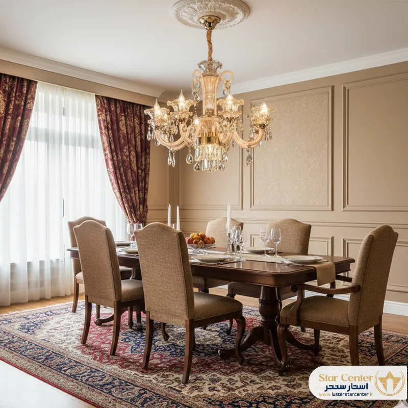 دکوراسیون پذیرایی مجلل با لوستر نئوکلاسیک و باشکوه مایرا