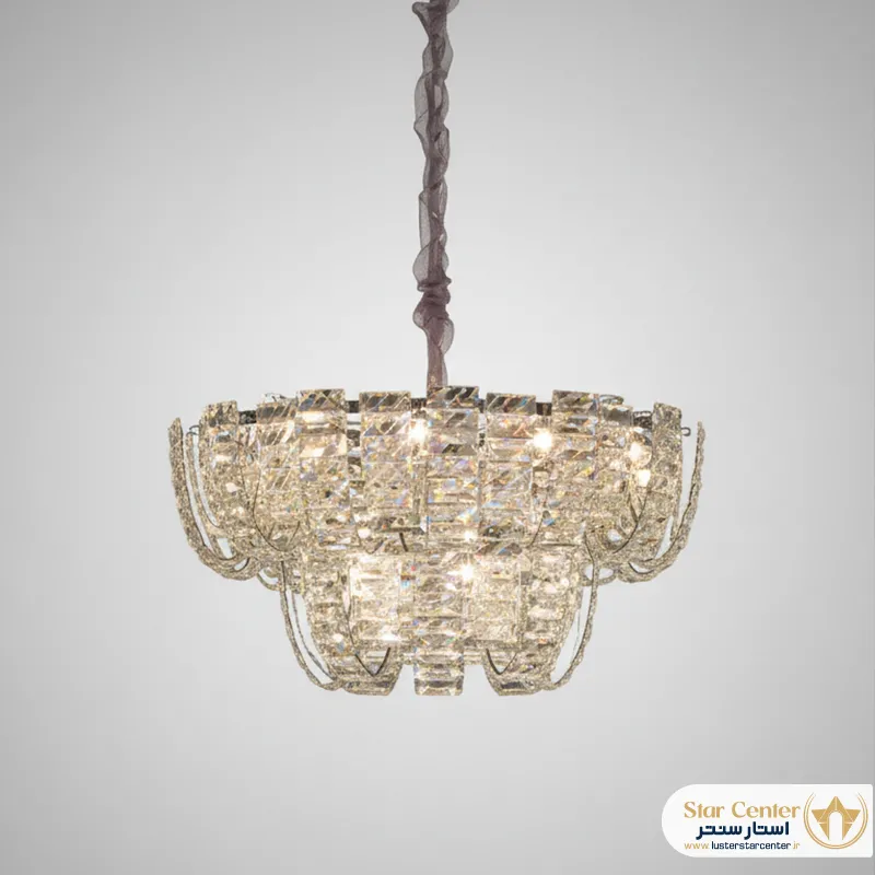 لوستر نئومدرن کریستالی مدل ولورا با بدنه فلزی براق