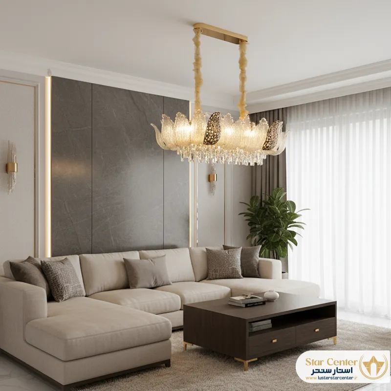 دکوراسیون جزیره آشپزخانه با لوستر لاینر مدرن پرل