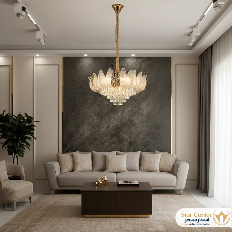 دکوراسیون لابی با لوستر مدرن و طبقاتی پرل