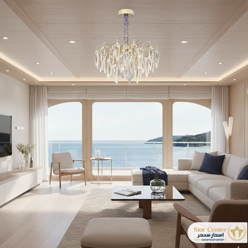 دکوراسیون اتاق نشیمن با لوستر مدرن و شیک مدل کلارو