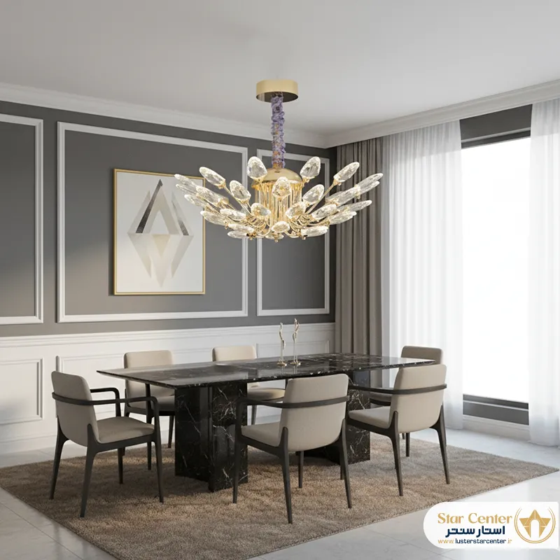 دکوراسیون پذیرایی مدرن با لوستر شیک و خاص مدل گلاسیا