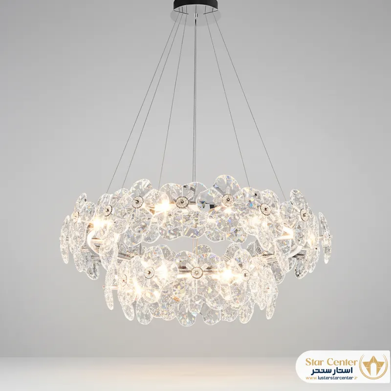 نمای نزدیک از درخشش کریستال سواروسکی اصل در لوستر مدرن سیلو