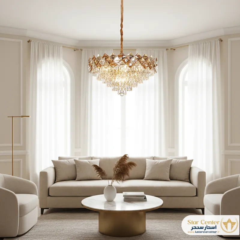 نورپردازی سالن پذیرایی با لوستر سانتی طلایی شاندلیا