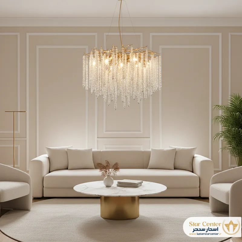 نور ملایم لوستر کریستال روشنـا در فضای پذیرایی