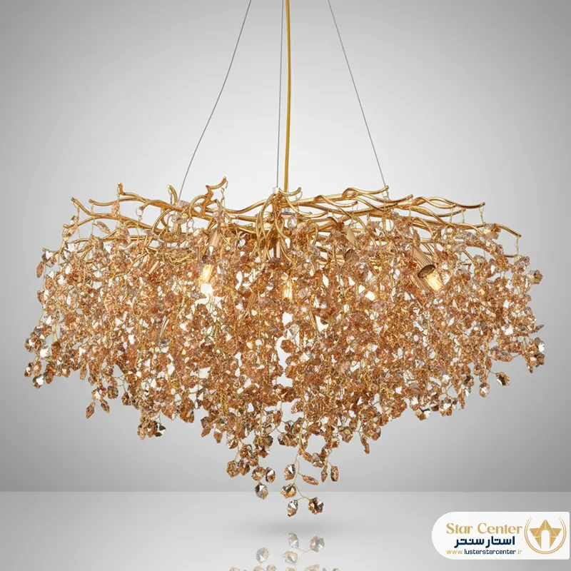 لوستر درختی نئوکلاسیک لیفوریا با بدنه طلایی و کریستال عسلی