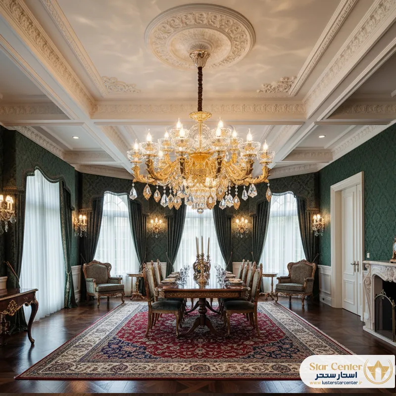 دکوراسیون سلطنتی با لوستر کلاسیک طلایی و مجلل مدل لیورا