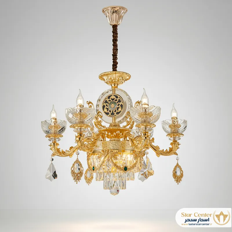 لوستر کلاسیک ۸ شاخه طلایی مدل لیورا با کریستال های رنگی
