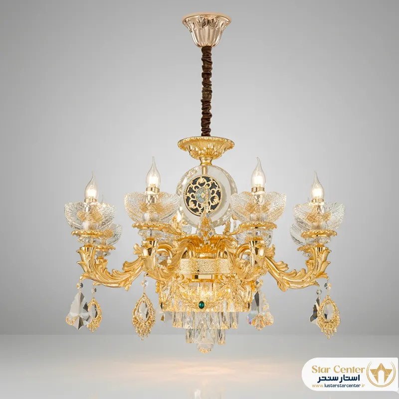 لوستر کلاسیک ۱۵ شاخه لیورا با آبکاری طلای ۲۴ عیار