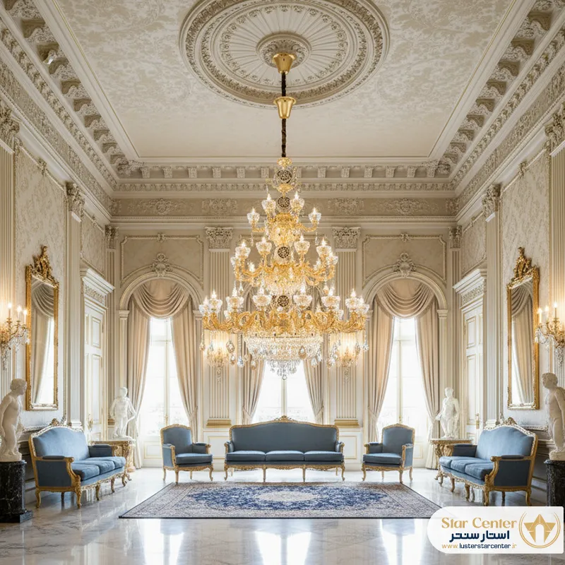 دکوراسیون سالن مجلل با لوستر کلاسیک طلایی سه طبقه لیورا
