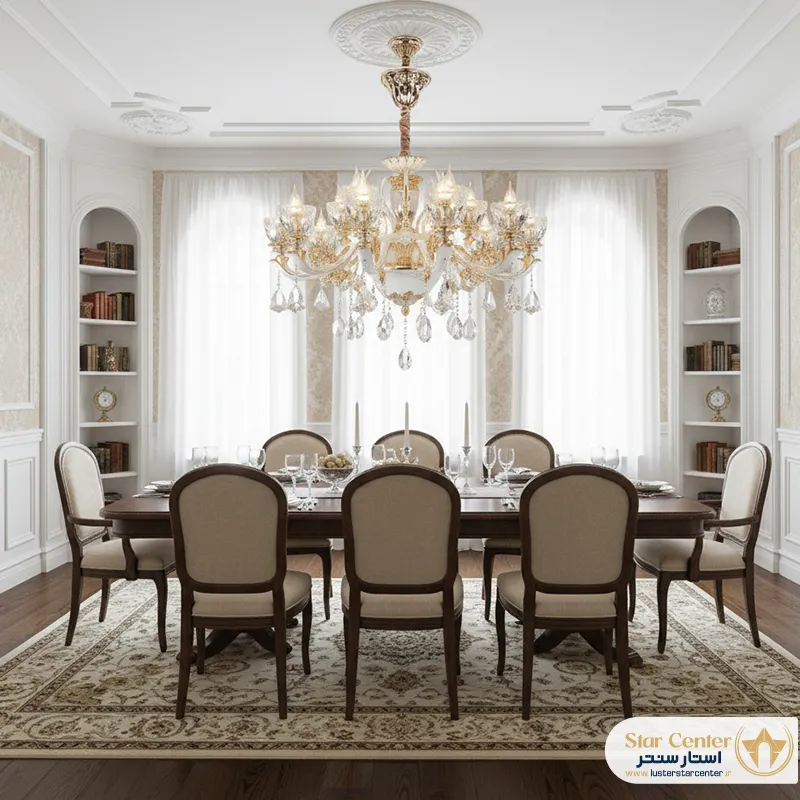 دکوراسیون پذیرایی روشن با لوستر کلاسیک سفید رنگ مدل سولویا