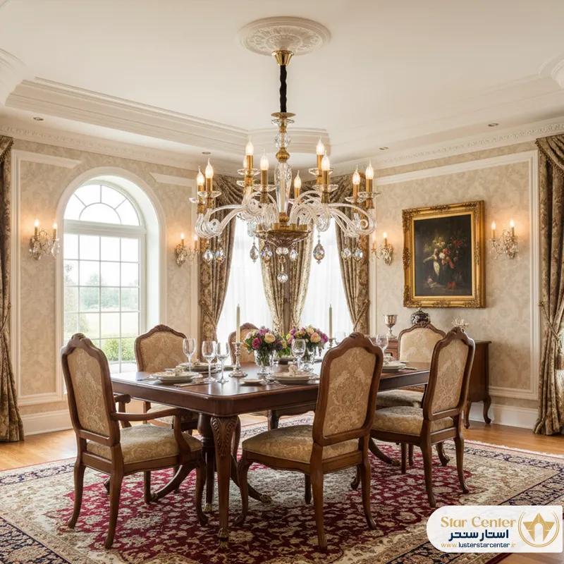 دکوراسیون سالن پذیرایی با لوستر نئوکلاسیک شیک مدل آرکادیا