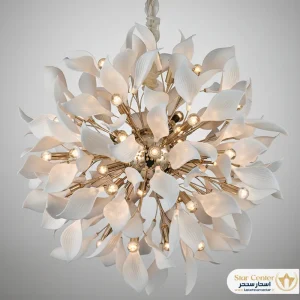 لوستر مدرن ۲۴ شاخه نووارا با برگ های سرامیکی مات