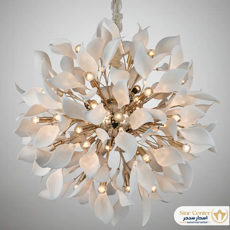 لوستر مدرن ۲۴ شاخه نووارا با برگ های سرامیکی مات