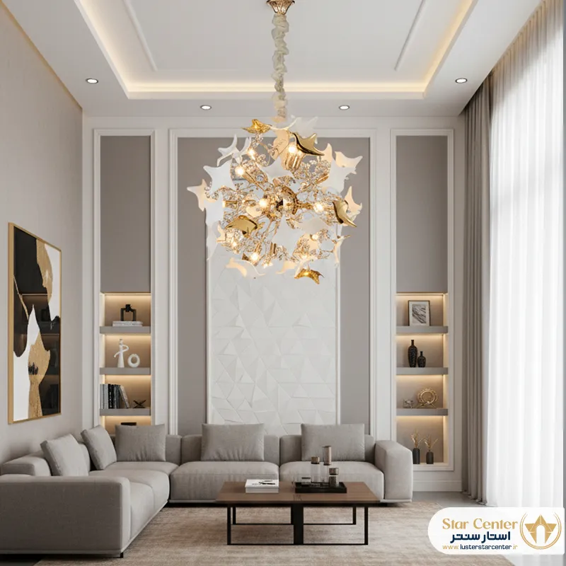 دکوراسیون اتاق نشیمن با لوستر مدرن و خاص پتالیا