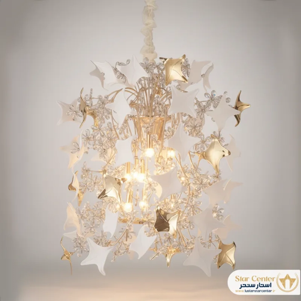 لوستر مدرن ۶ شاخه مدل پتالیا با بدنه سرامیکی و کریستال
