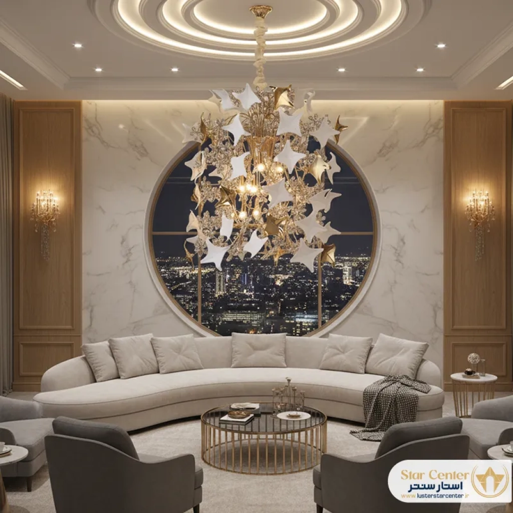 دکوراسیون اتاق پذیرایی با لوستر مدرن و خاص مدل پتالیا
