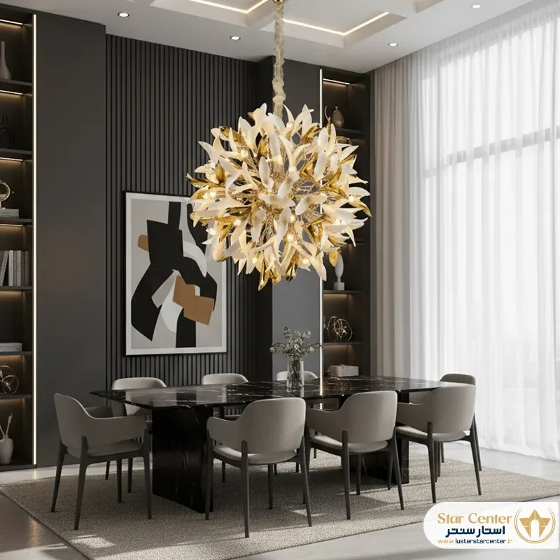 دکوراسیون اتاق پذیرایی با لوستر مدرن و خاص مدل پتلایا