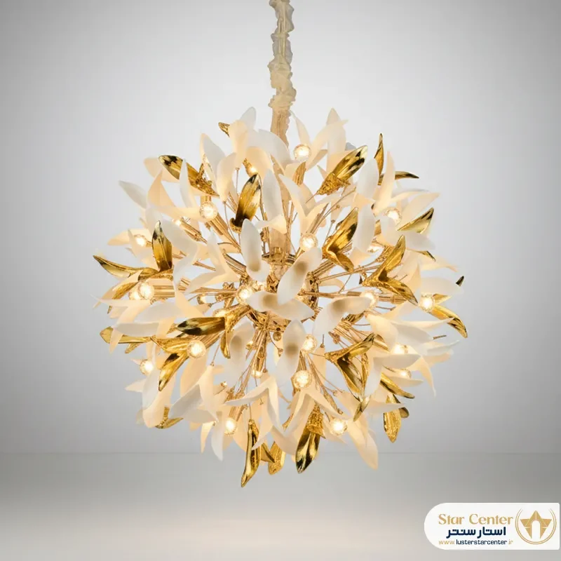 لوستر مدرن ۶ شاخه مدل پتلایا با بدنه سرامیکی و کریستال