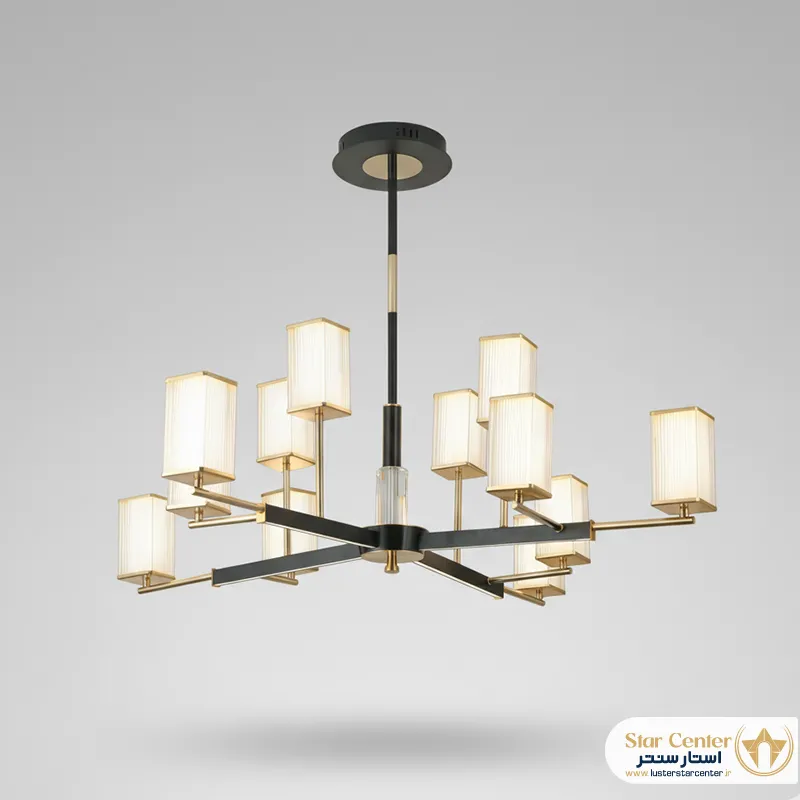 لوستر نئونی مدرن کلاریون ۱۲ شاخه مشکی و طلایی