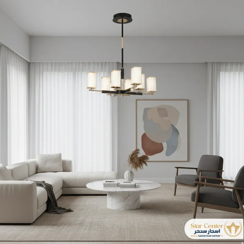 نورپردازی مدرن با لوستر کلاریون در سالن پذیرایی بزرگ