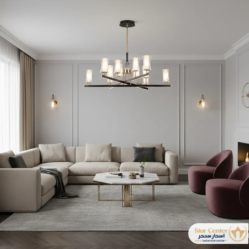 نورپردازی مدرن با لوستر نئونی ناریا در اتاق پذیرایی