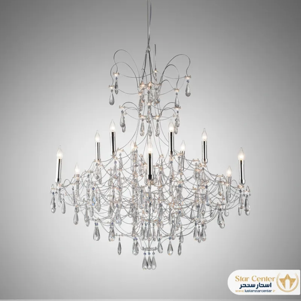 لوستر پست مدرن مدل کریستال نوا با بدنه استیل و کریستال سواروسکی