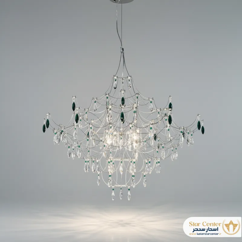نمای نزدیک از فرم هندسی و کریستال های لوستر پست مدرن بلورینس