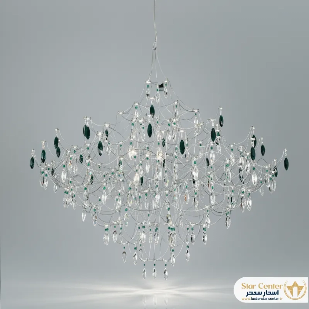 لوستر پست مدرن مدل بلورینس با بدنه طلایی و کریستال درجه یک