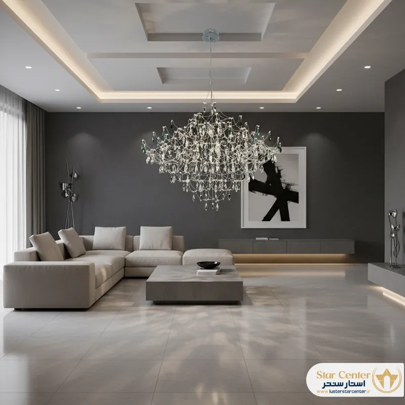 دکوراسیون دفتر لوکس با لوستر پست مدرن و خاص مدل بلورینس