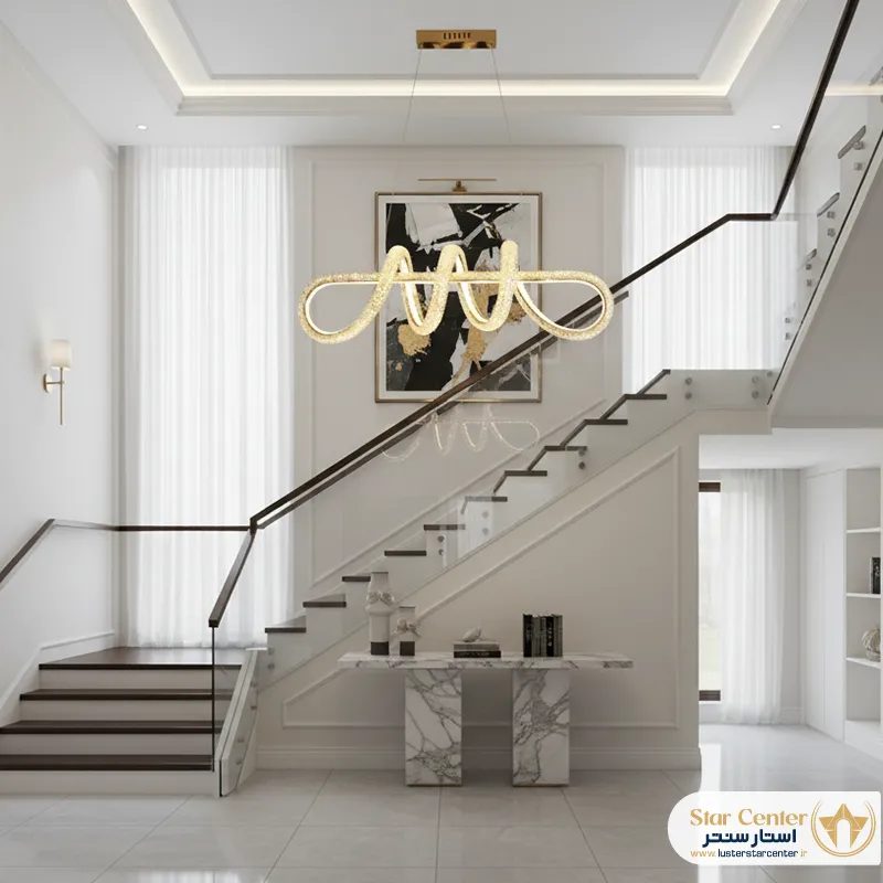 نورپردازی یکنواخت و زیبای لوستر مدرن مارولا در فضای نشیمن.