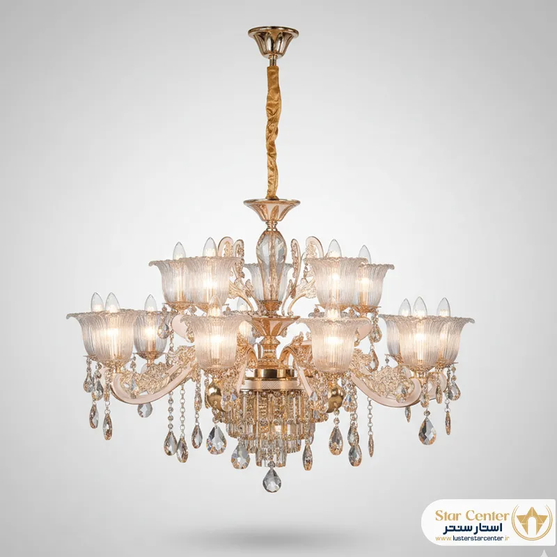 لوستر نئوکلاسیک ۸ شاخه مدل زرین با رنگ سفید و طلایی و آویزهای کریستالی.