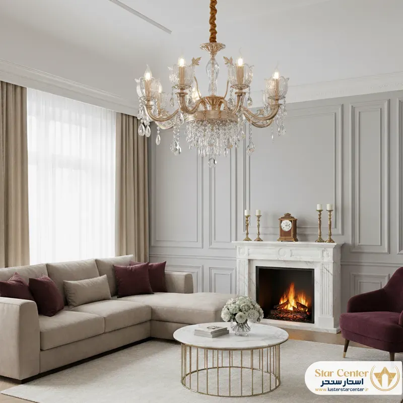 دکوراسیون پذیرایی لوکس با لوستر نئوکلاسیک شیک مدل ولنسیا