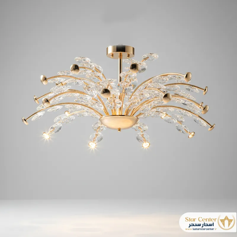 لوستر مدرن کریستالی کریستاوا با بدنه طلایی و نور SMD