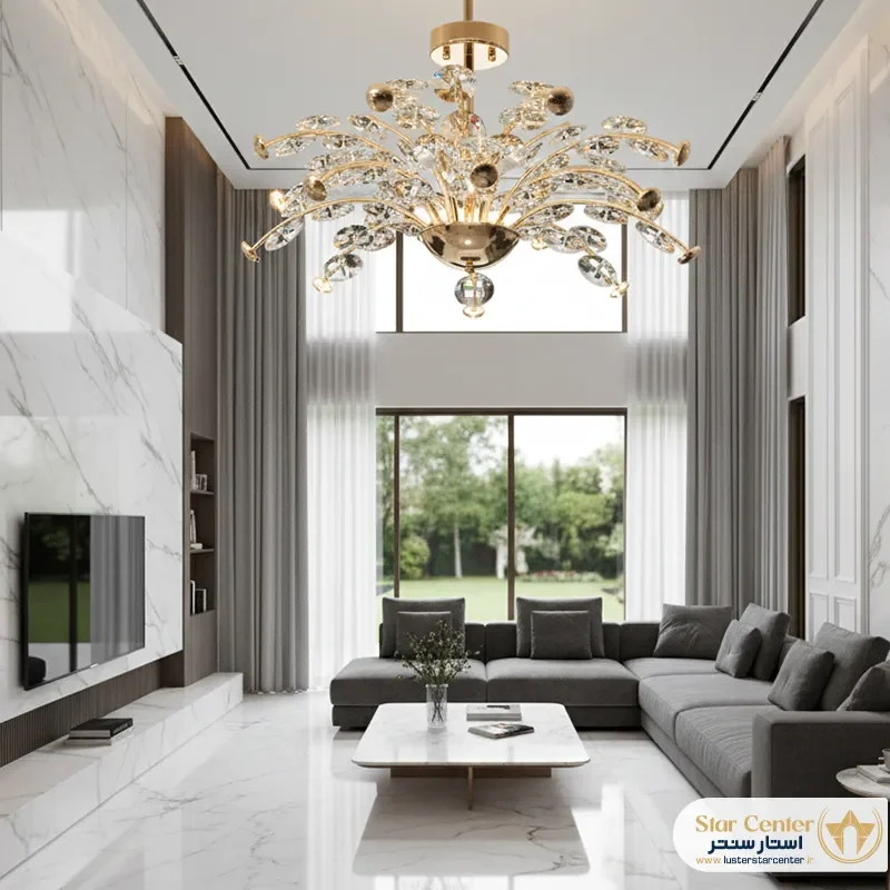 دکوراسیون لابی لوکس با لوستر مدرن کریستالی مدل کریستاوا