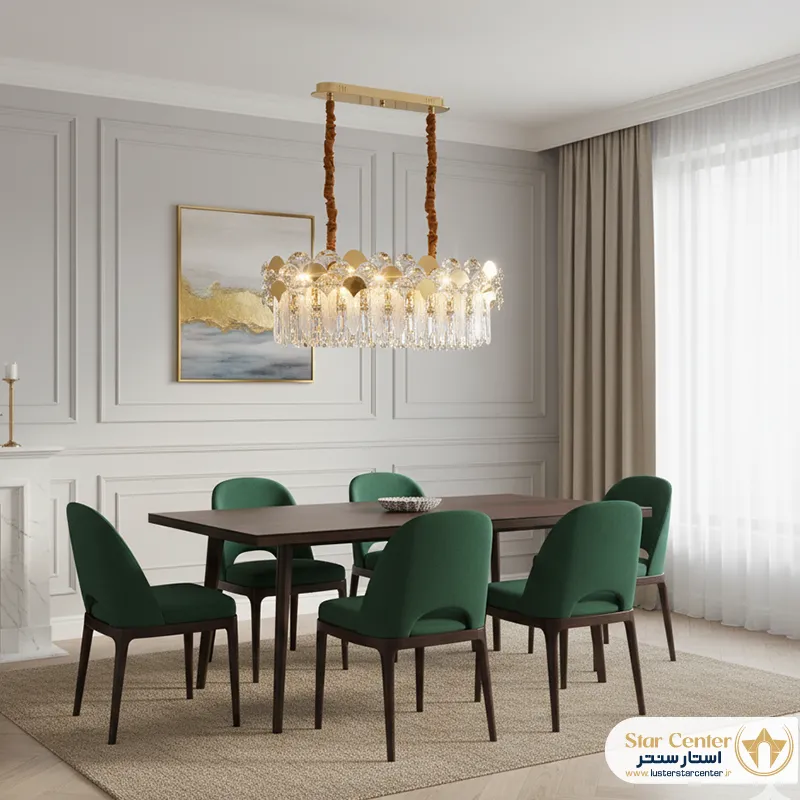 هماهنگی لوستر مدرن گلدنا با دکوراسیون مینیمال یک فضای پذیرایی شیک.