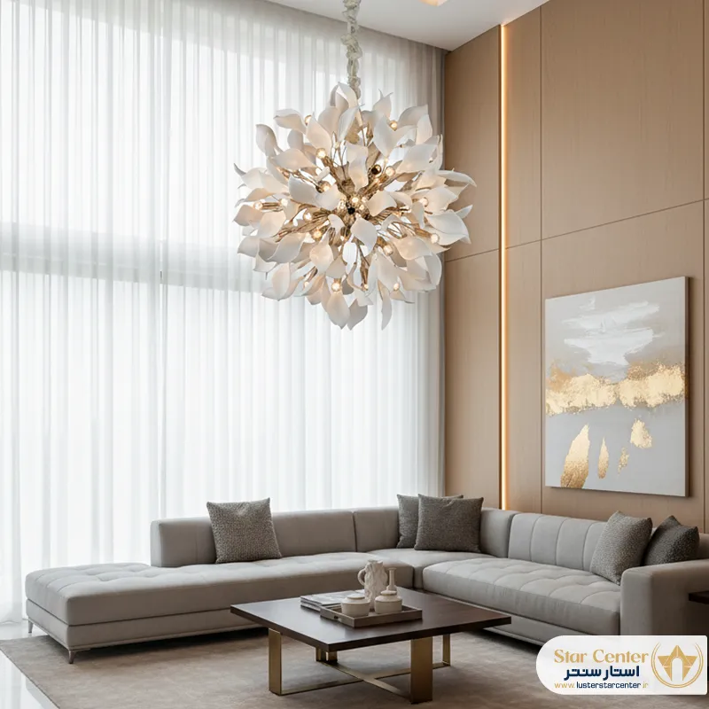 دکوراسیون پذیرایی مدرن با لوستر خاص و هنری مدل نووارا
