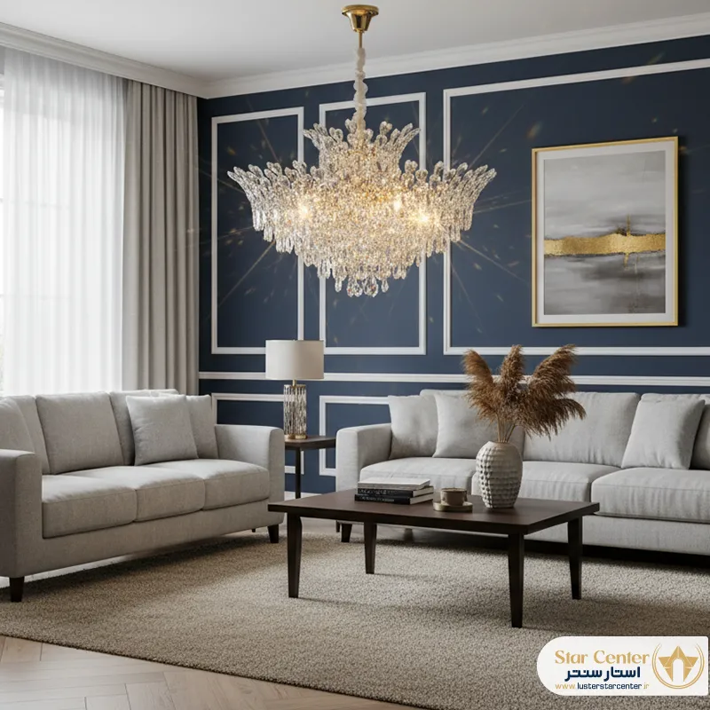 دکوراسیون پذیرایی با لوستر کریستالی نئوکلاسیک اورلیا