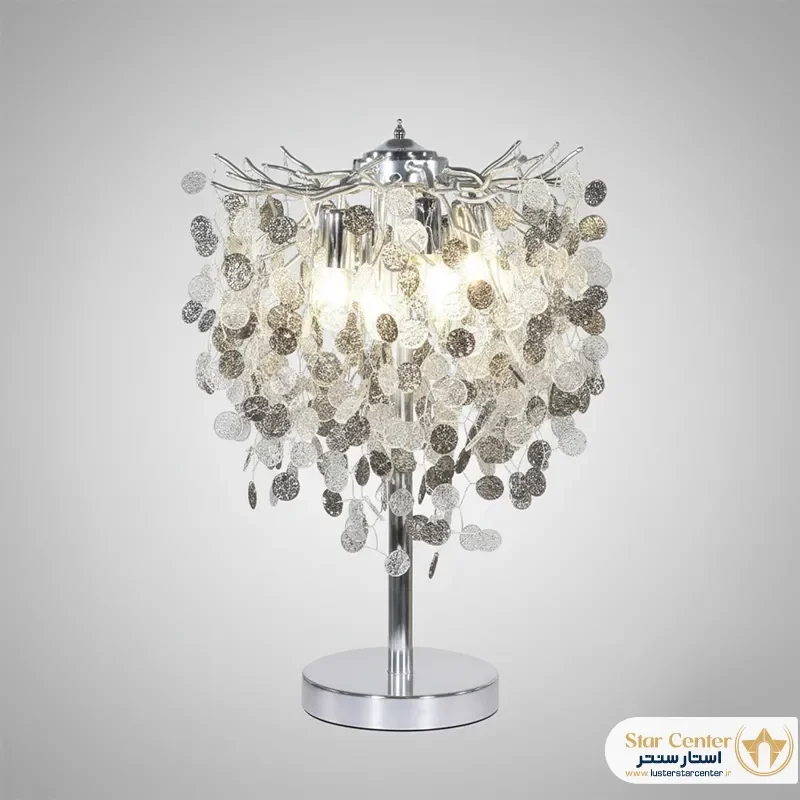 آباژور درختی نئوکلاسیک رزلون رومیزی با بدنه طلایی و کریستال سفید