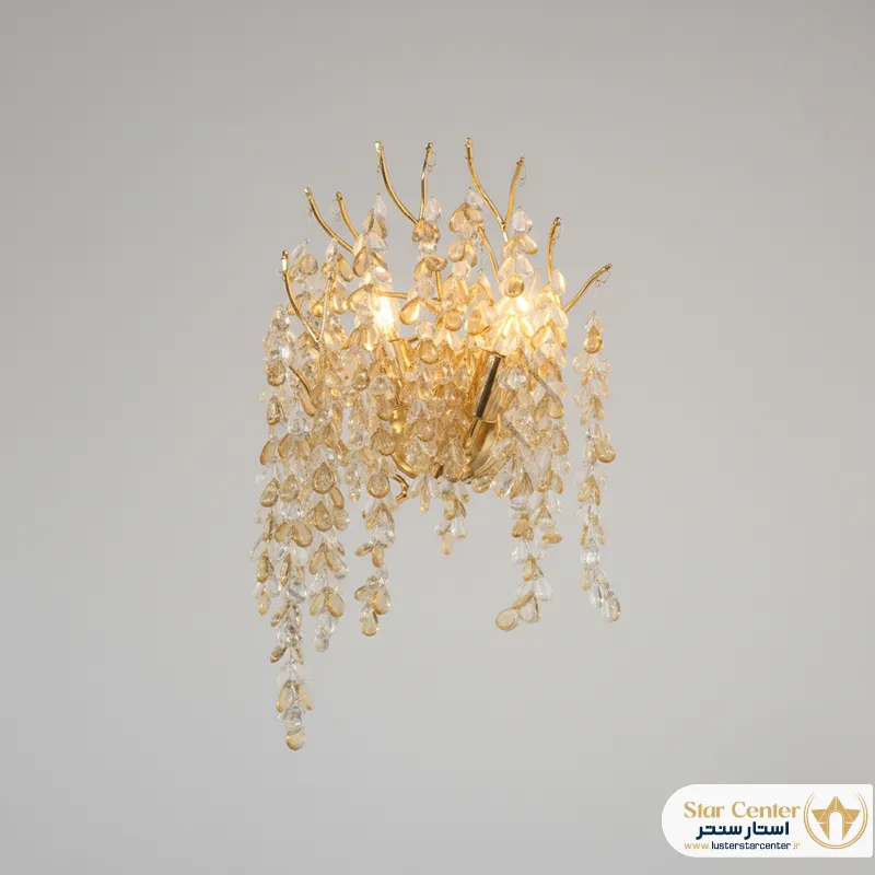 دیوارکوب درختی نئوکلاسیک واینل مدل طلایی با آویز کریستال سفید
