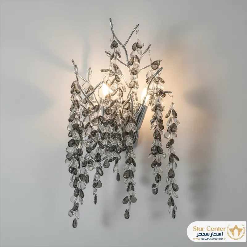 چراغ دیواری درختی واینل مدل کروم با کریستال‌های دودی