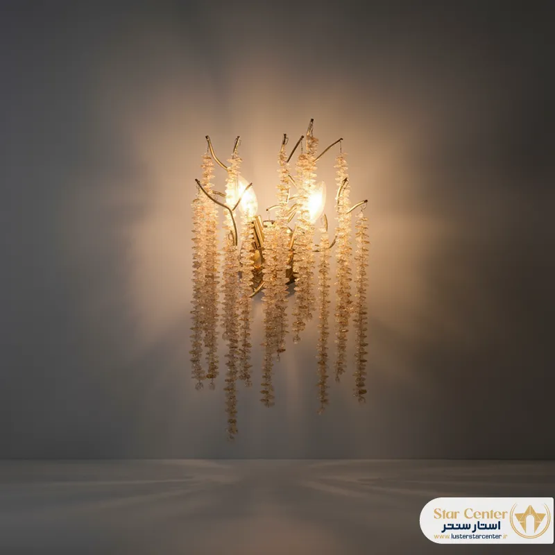 چراغ دیواری درختی روشنا مدل کروم با کریستالهای دودی درخشان